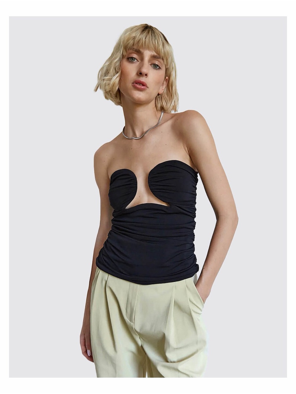 Pixie Market Dominique Wired Bustier Cutout Ruched Strapless Black Night-Out Top
